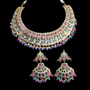 NS316 Rubin Smaragd Halskette mit Ohrringen, indischer Schmuck