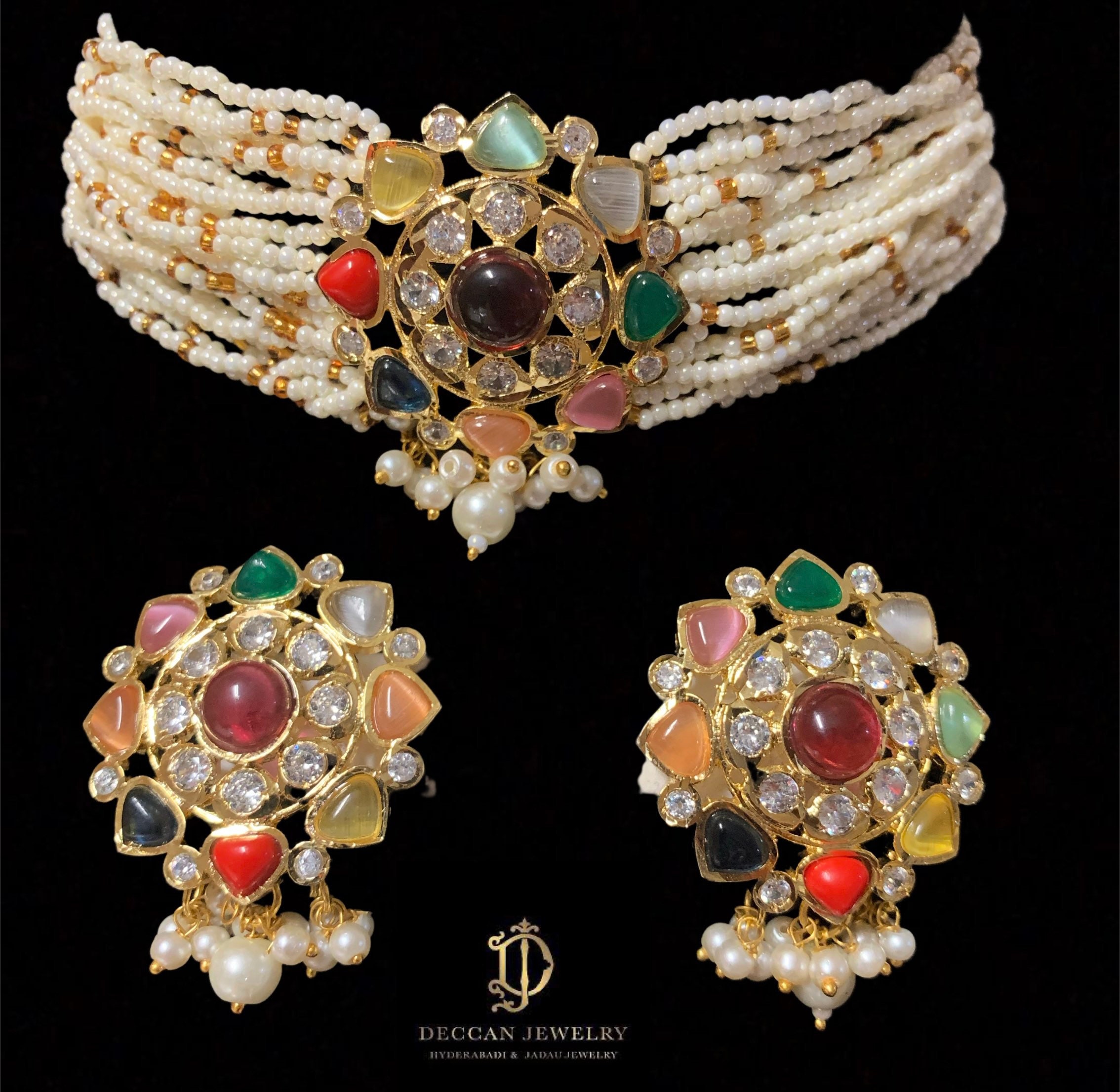 Nova Navratan Choker Set in Cz Polki 