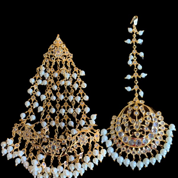 JT5 Hira Hyderabadi jadau jhoomar tika in pearls ， Indian jewellery
