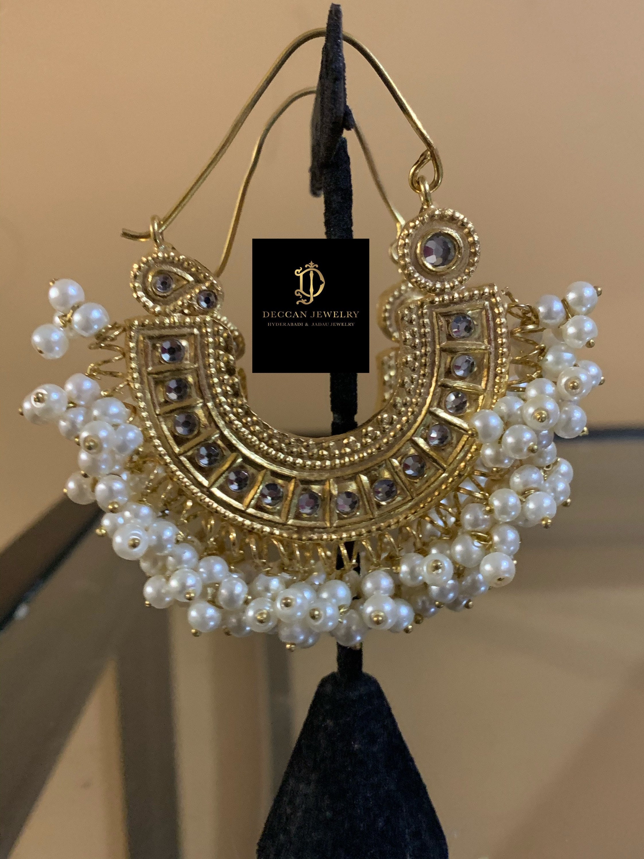 Alfiya kundan chandbali earrings in pearls Indian jewellery | Etsy