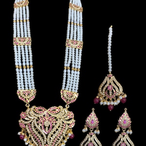LN125 Sakshi Punjabi Jadau lange Rani Haarspange mit Ohrringen tika in ruby , indischer Schmuck