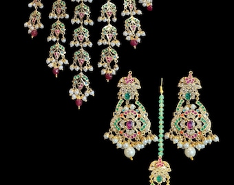 Navratan Dangler Choker Necklace Set with Earrings & Tika – Gold-Plated Heritage Jewelry | Hyderabadi jewelry | gold plated bridal set