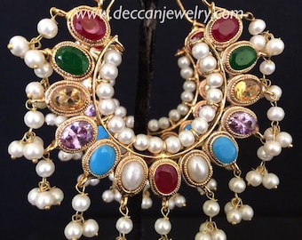 DER26 Nora chandbali earrings in Navratan | hoops | Deccan jewelry |kundan chandbali earrings | gold plated earrings | hoop style baliyan
