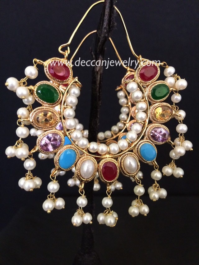 DER26 Nora chandbali earrings in Navratan | hoops | Deccan jewelry |kundan chandbali earrings | gold plated earrings | hoop style baliyan