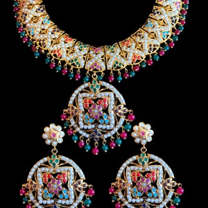 NS370  Punjabi jadau necklace  in navratan  , gold plated , indian jewellery