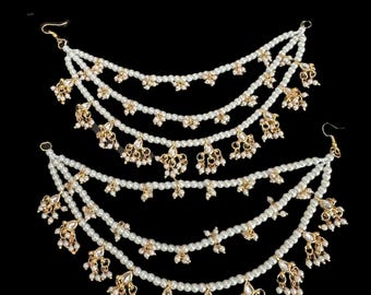 Gold kundan pearl Ear Chain/Sahare/Pearl kaan chain/Earring support chain/Indian Jewelry/Pakistani Jewelry/Bahubali Eaarrings/Kaan sahara