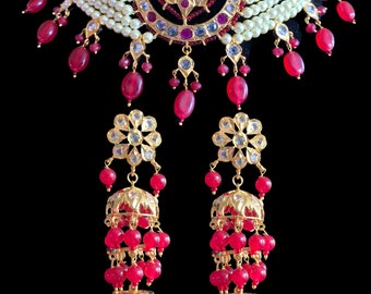 C115  Noor  Hyderabadi choker with earrings in  semi precious beads , Indian jewellery , gold plated jewelry