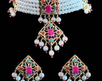 C89 Anushay navratan choker with earrings , pearl choker | indian jewelry | hyderabadi jewelry | gold plated jewellery | nauratan jewelry