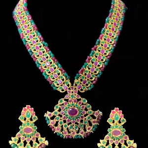 NS108 ujwala  hyderabadi jadau necklace with earrings in red green   beads  , Indian jewellery