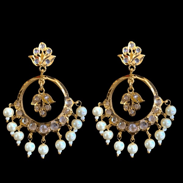 Nida medium sized Hyderabadi jadau chandbali in pearls , Indian jewellery , pearl earrings DER566