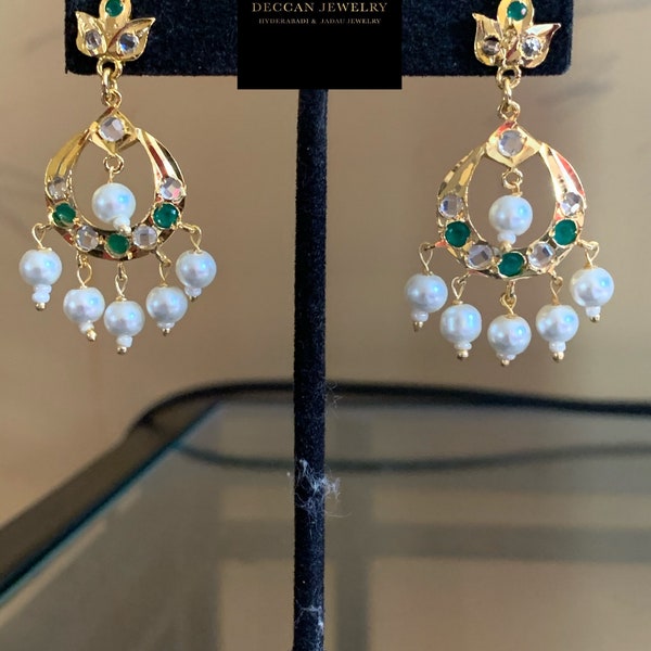 Neda small size hyderabadi jadau chandbali in pearls ( green stones ) , Indian jewellery