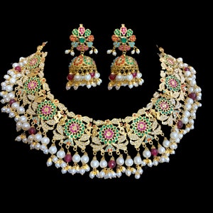 NS67 Rashmika Punjabi Jadau Halskette mit Jhumka in Navratan | Indischer Schmuck | Nauratanschmuck | Dekadenschmuck | Ethnoschmuck | jadau