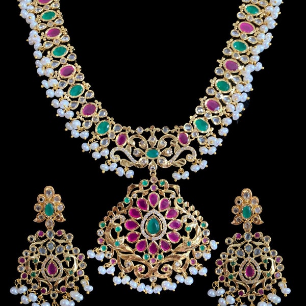 NS252 Amani necklace set with earrings in fresh water pearls , hyderabadi jewellery , Indian jewellery