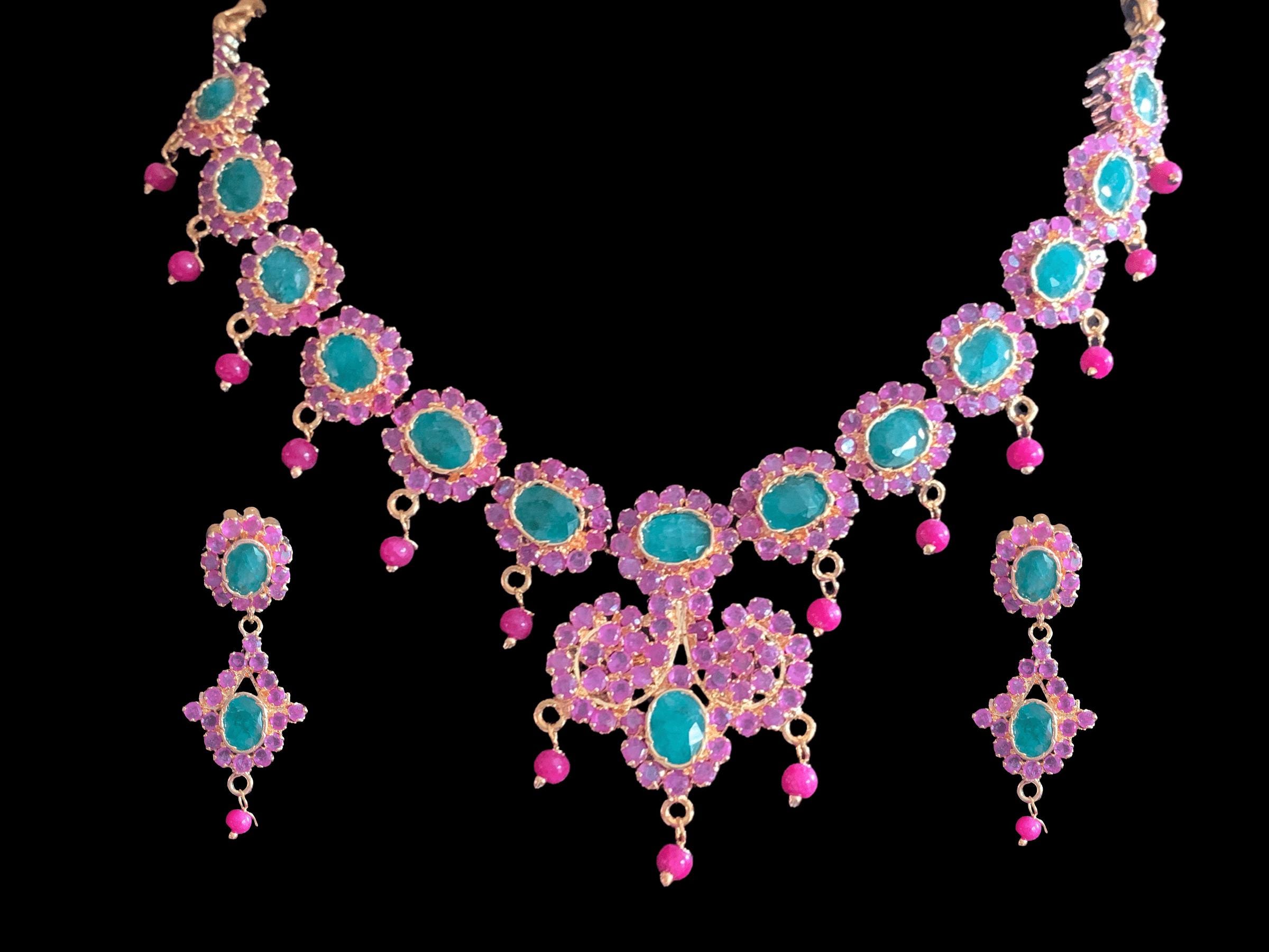 NS38 , Neelam Ruby Emerald Gold Plated Necklace With