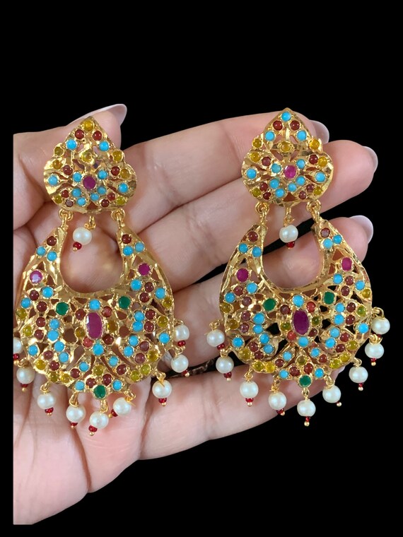 Gold Ruby Garnet Earrings Pure Silver Hyderabadi Multicolored - Etsy |  Indian earrings, Chand bali earrings gold, Chandbali earrings