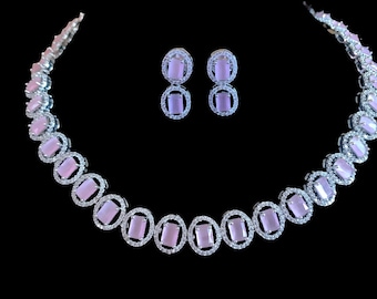 NS150 Anamika Cz necklace set in silver plating  - gifts for her -  Indian jewellery - Cz Indian necklace - statement jewelry - silver plate