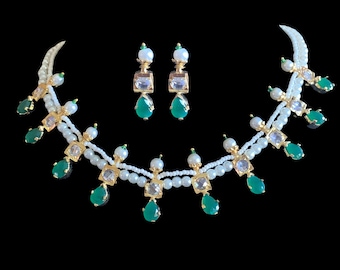 NS227 Kiara multipendant ketting in groen, hyderabadi jadau sieraden, Indiase sieraden