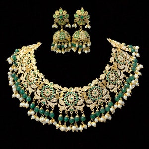 NS68 Rashmika Punjabi jadau necklace with jhumka in emerald | Indian jewellery | nauratan jewelry | Deccanjewelry | ethnic jewelry | jadau