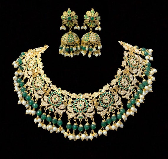 Rashmika Punjabi Jadau Necklace With Jhumka in Emeralds Indian