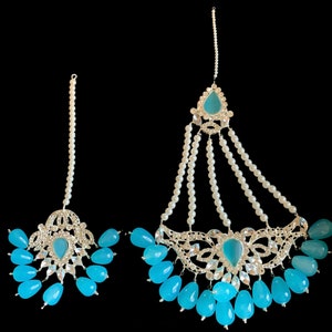 Yusra high quality zircon jhoomar tika in blue beads , Indian jewellery