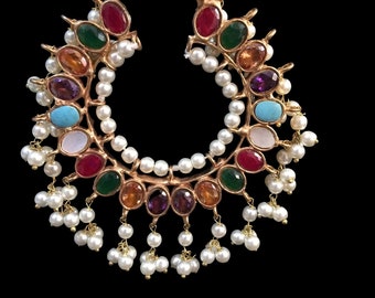 DER16 Nora chandbali earrings in Navratan | hoops | Deccan jewelry |kundan chandbali earrings | gold plated earrings | hoop style baliyan