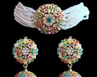 C190 pozłacany naszyjnik jadau / Navratan / choker polki / pozłacany naszyjnik / indyjski zestaw naszyjników / zestaw naszyjników jadau