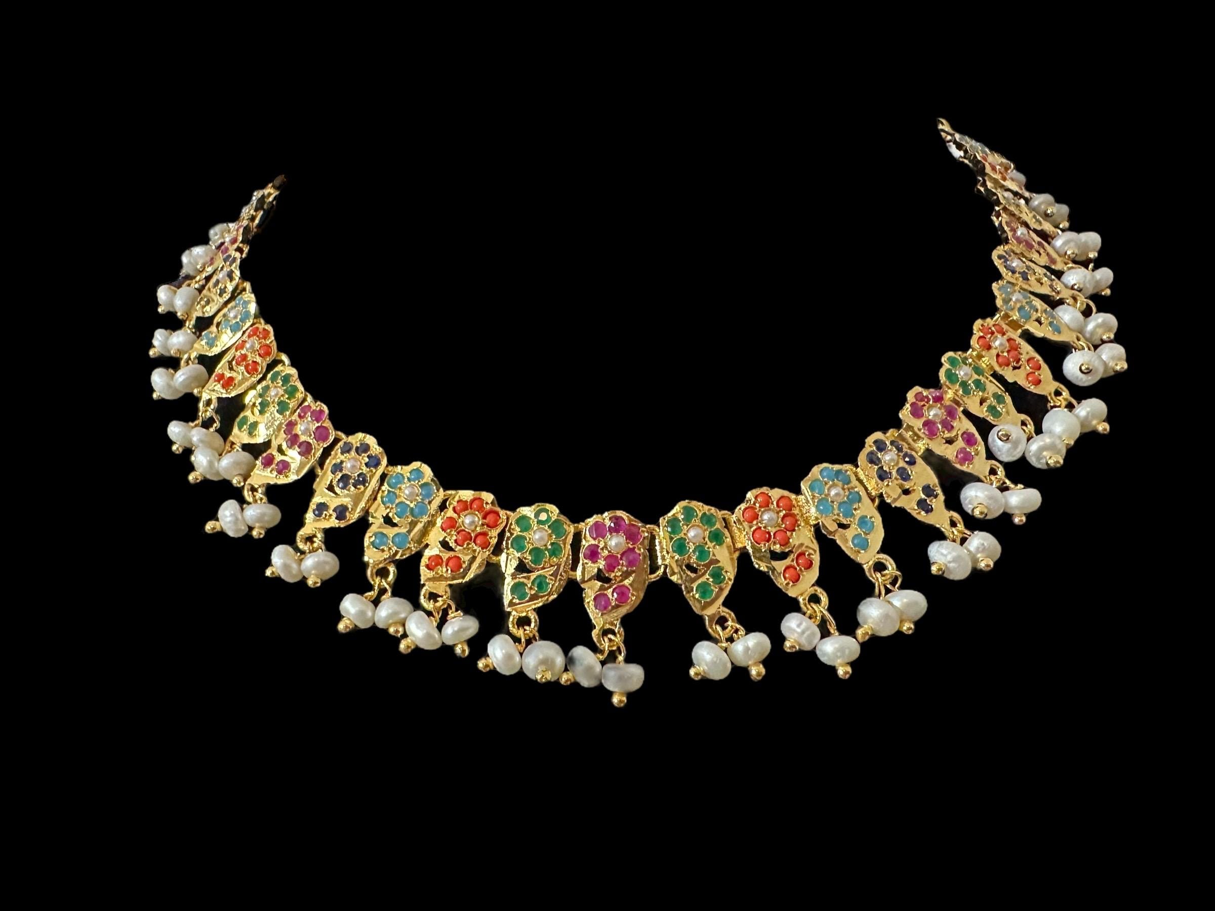 DNS195 Navratan Necklace in Fresh Water Pearls /indian Gold Plated