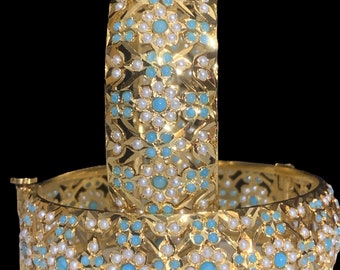 B6 shibra gold plated jadau bangles in turquoise pearl/ traditional bangles / Deccan jewelry/ ethnic jewelry/ gifts for her / Indian jewelry