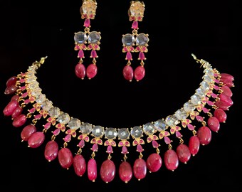 NS138 BRENA hyderabadi jadau conjunto de collar con aretes en rubíes, joyería india