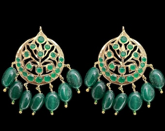 ET537 Asmee Hyderabadi tops style earrings in green  beads  , Indian gold plated earrings