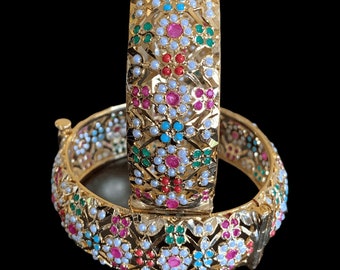 Shibra Punjabi jadau bangles in Navratan    with pearls  , one pair , Indian Jewellery , B10