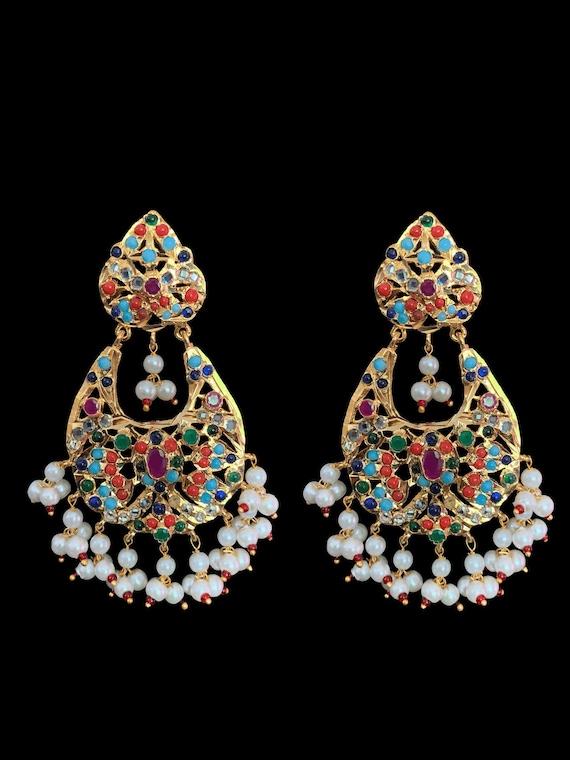 Gold Plated Kundan Meena Chand Bali Earrings