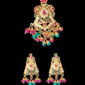 92.5 silver gold plated pendant set in ruby emerald with fresh water pearls , Indian jewellery