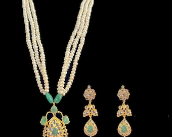 PS491 Jugni Necklace Set | Freshwater Pearl & Emerald Beads | Cz Polki  Natural Emerald Center | Lightweight Indian  Hyderabadi Jewelry