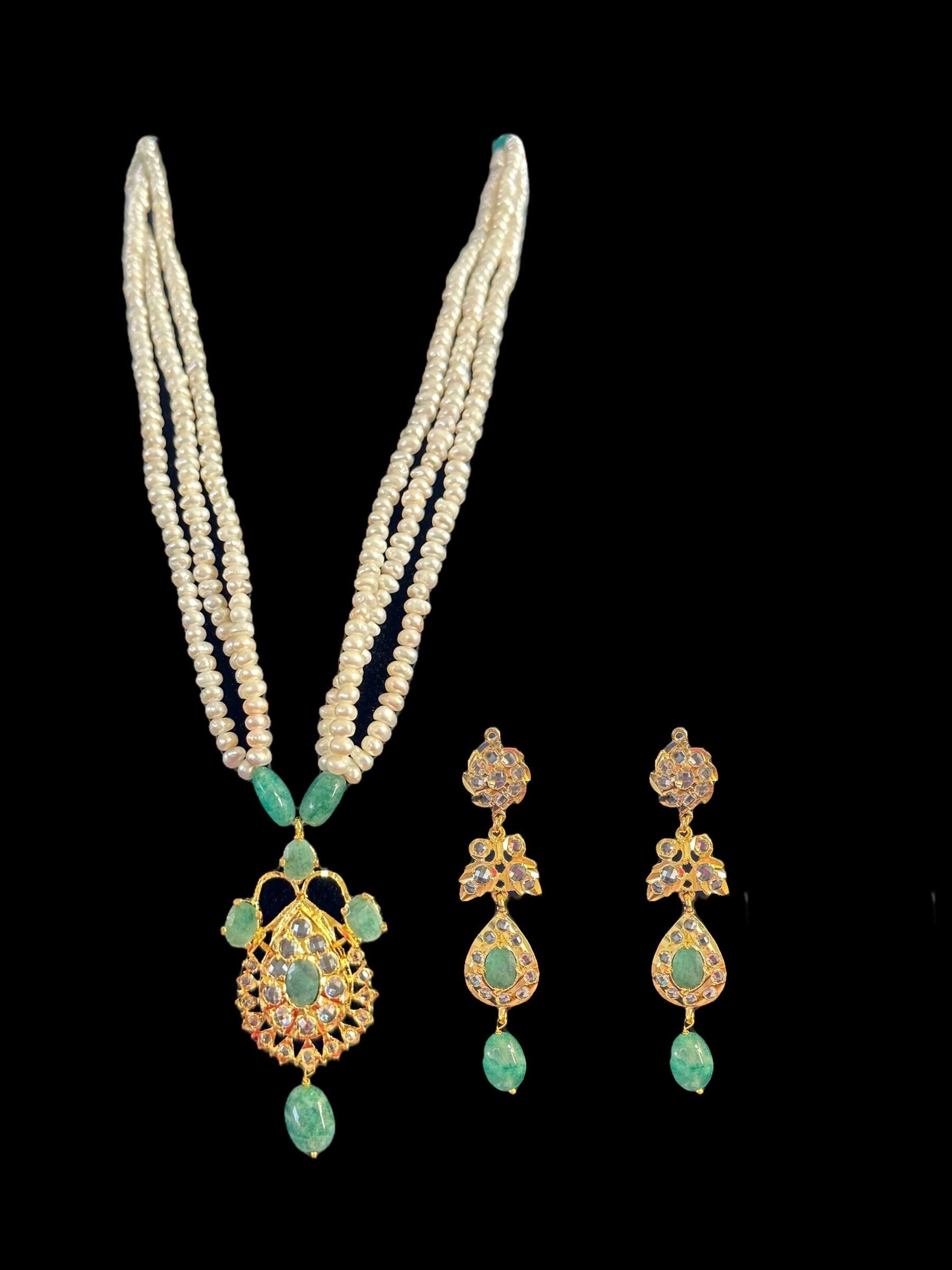 PS491 Jugni Necklace Set | Freshwater Pearl & Emerald Beads | Cz