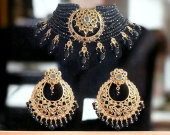 C301   Noor  Hyderabadi choker with earrings in  semi precious beads  , Indian jewellery , gold plated jewelry