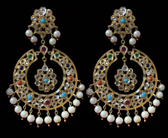 Buy DER405 Neda Hyderabadi Chandbali in Pearls and Blue Polki , Indian  Jewellery Online in India - Etsy
