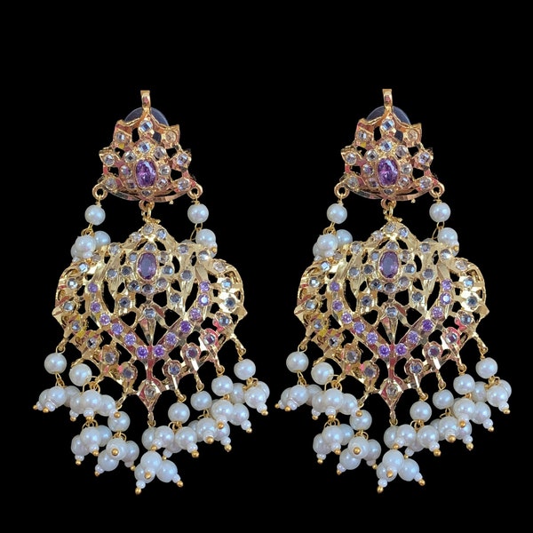 DER331 Ekta Hyderabadi jadau Earrings tika in purple , amethyst cz   , Indian jewellery