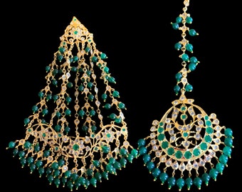 JT4 Hira Hyderabadi jadau jhoomar tika in green or emeralds , Indian jewellery