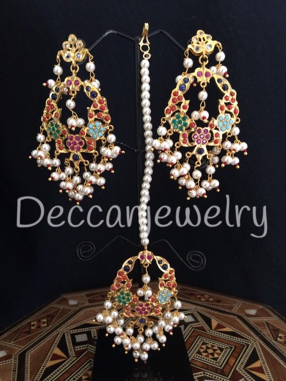 Madhuri Navratan Earrings Tika Set 