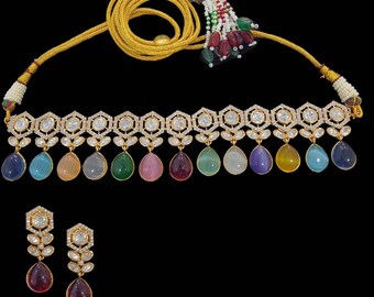C187 gold plated high quality Navratan choker with earrings , Indian jewellery