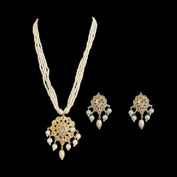 Hyderabadi jadau 22ct gold plated  pendant set with earrings  in pearls and cz polki , indian pakistani jewellery PS226