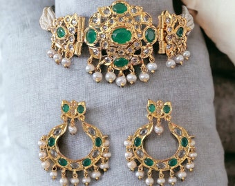C303 Mushk hyderabadi jadau choker with earrings In green with fresh water pearls  , Indian jewellery