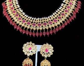 NS23 Aleezay Hyderabadi necklace with earrings in ruby  , Indian jewellery