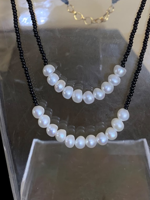 NS302 Black Beads Necklace With Fresh Water Pearls Indian