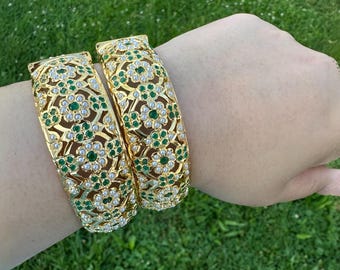 B9 shibra gold plated jadau bangles in emerald pearl / traditional bangles / Deccan jewelry/ ethnic jewelry/ gifts for her / Indian jewelry