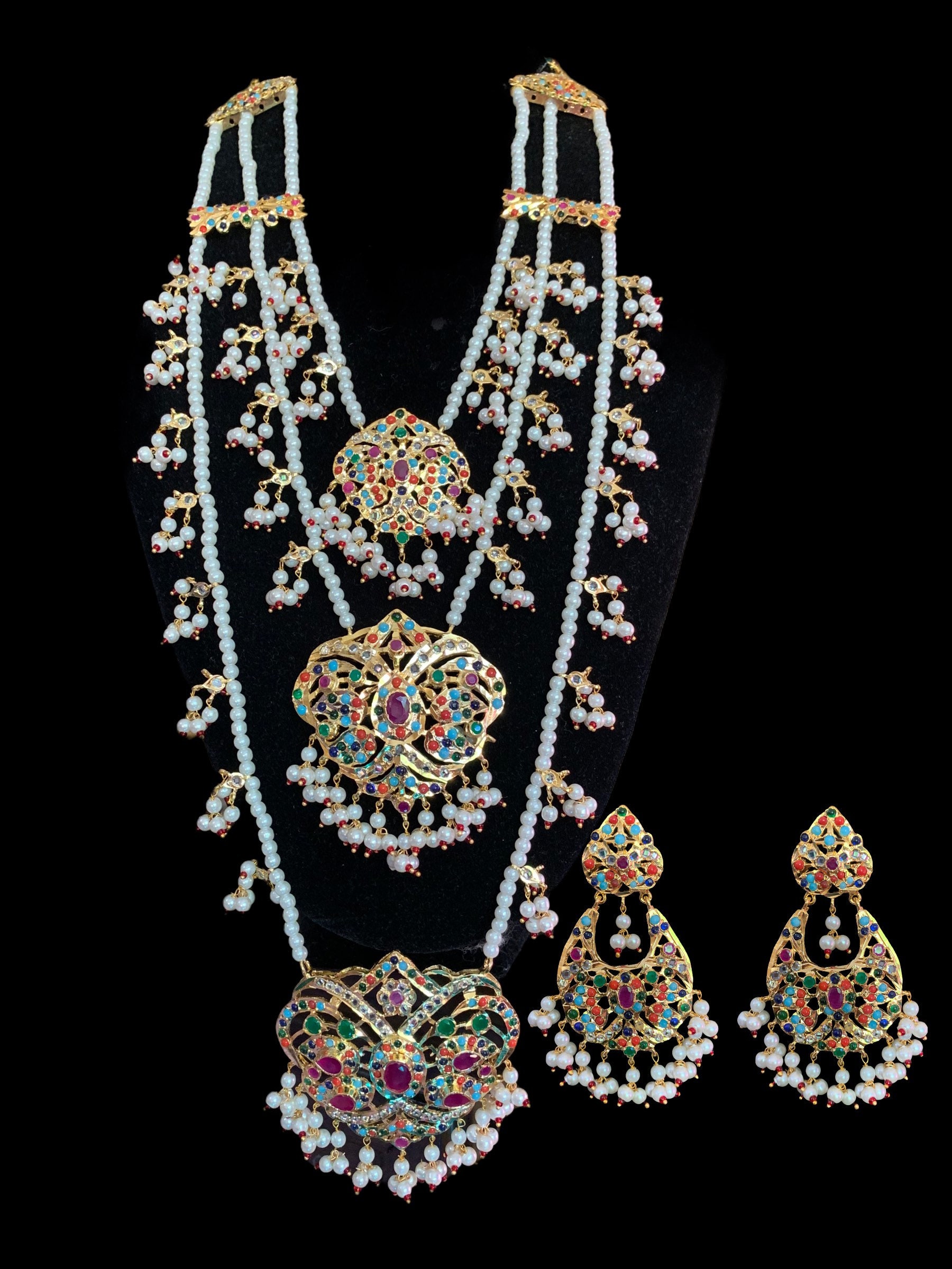 SAT41 Panchi Hyderabadi Jadau Three Layered Necklace in Navratan