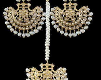 Saha sötvattenspärlor chandbali örhängen tika set / Deccan smycken / Hyderabadi smycken / guldpläterade örhängen / Jadau smycken
