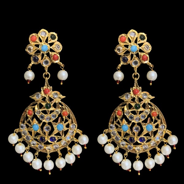 DER80 Laya   hyderabadi jadau earrings  in  navratan   , indian jewellery
