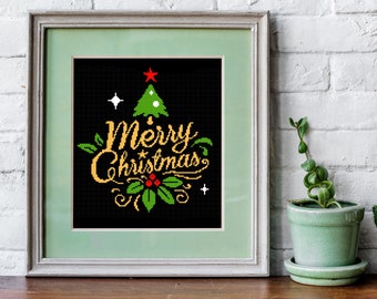 Modern Christmas Cross stitch pattern | Merry Christmas Holiday text xstitch | counted New year embroidery chart | Christmas tree gift